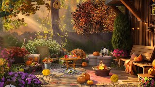 Cozy Porch in Autumn Garden Ambience with Pumpkins Falling Leaves Fireplace and Fall Vibes [upl. by Yrollam]