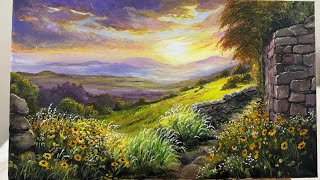 Sunset over a peaceful meadow  StepbyStep Acrylic Painting [upl. by Enitsirc]