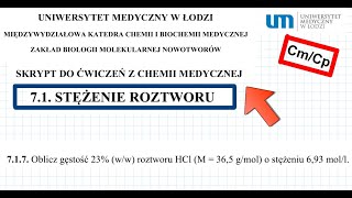 ZADANIE 717 Oblicz gęstość 23 ww roztworu HCl M  365 gmol UMED chemia chemistry [upl. by Lorens285]