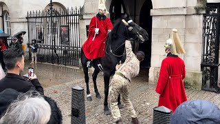 Three Guards Wrestle To Control FREAKED Horse [upl. by Noyahs]