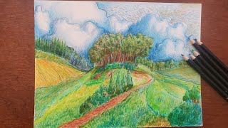 Drawing a landscape using watercolor pencils  Rolling Hills [upl. by Neumann]