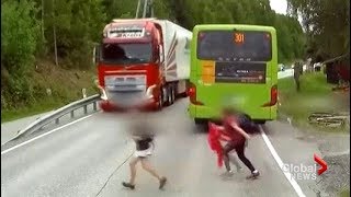 Incredible near miss of child as truck driver slams on brakes [upl. by Kenny]