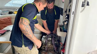 Engine replacement through the bathroom of a catamaran [upl. by Sirah]