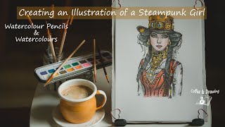 Watercolour Pencils amp Watercolours 🎨 Drawing Steampunk Girl Illustration  Full Process TIMELAPSE [upl. by Danzig]