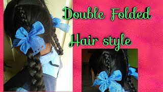 Double folded hairstyleTwo plaits hairstyletwin braid hairstylewith ribbonschool girl hair style [upl. by Hochman]