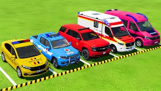 DACIA VOLKSWAGEN CHEVROLET POLICE CARS amp MERCEDES AMBULANCE EMERGENCY VEHICLE TRANSPORTING  FS22 [upl. by Suilenrac]