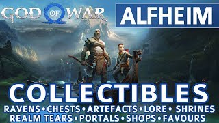 God of War  Alfheim All Collectible Locations Ravens Chests Artefacts Shrines  100 [upl. by Drageruaeb868]