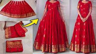 Anarkali dress cutting amp stitching easily   Convert saree into long gownfrockdress  Saree reuse [upl. by Aratehs631]