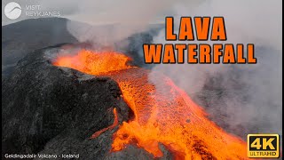 LAVA WATERFALL UPCLOSE  Geldingadalir Volcano Iceland  June 7th 2021  4K Drone Footage [upl. by Ahselrac]