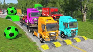 Double Flatbed Trailer Truck vs Speedbumps Train vs Cars Tractor vs Train Beamng Drive 004 [upl. by Martino11]