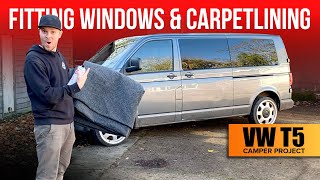 Fitting Windows amp Carpet lining  T5 Camper Build [upl. by Aubyn]