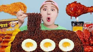 MUKBANG 직접 만든 짜파게티 뽀로로 양념치킨 치즈볼 먹방 BLACK BEAN NOODLES FRIED CHICKEN EATING SOUND  HIU 하이유 [upl. by Packton123]