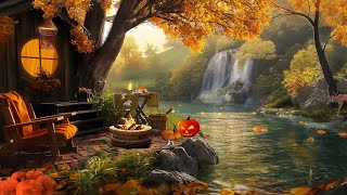 Serene Autumn Terrace Ambience🍂4K With Nature Sounds Calm Waterfall Crunchy Leaves for SleepRest [upl. by Stochmal]