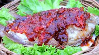 Yummy Cooking Red Fish With Sauce With Beautiful Girl Eating Delicious Primitive Technology [upl. by Emse]