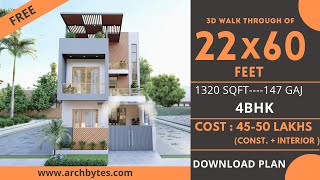 22x60 House Design 3D  1320 Sqft  147 Gaj  4 BHK  Modern Design  Terrace Garden  7x18 Meters [upl. by Yllah]