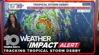 Tropical Storm Debby intensifies over the Gulf of Mexico  1 pm Sunday [upl. by Pulling]