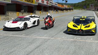 Suzuki Hayabusa 2022 vs Koenigsegg Jesko 2020 vs Bugatti Bolide 2020 at Old SPA [upl. by Santini]