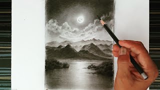 Night mode moonlight landscape scenery drawing by pencil with easy steps [upl. by Ihcalam]