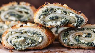 Spinach and Feta Cheese Puff Pastry Rolls  Easy Appetizer Recipe [upl. by Jonah]