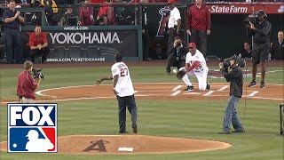 Don Baylor injures himself catching ceremonial first pitch [upl. by Llesig14]