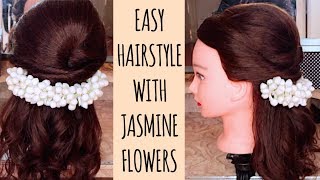 Half Up Half Down Hairstyle with Jasmine FlowersGajra for Tamil Hindu Weddings  Thuri Makeup [upl. by Nelleh671]