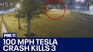 Tesla blows through red light at 100 mph crash kills 3 [upl. by Ashlie]