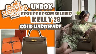 Unbox Hermès Etoupe Epsom Sellier Kelly 28cm Gold Hardware [upl. by Ylra]