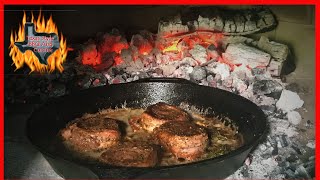 Wood Fired Oven Filet Mignons  Pan Seared Steak Cast iron  Wood Fired Pizza Oven Cooking [upl. by Yerak639]