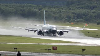 Boeing 737 MAX combat landing with spectacular reverse thrust on wet runway [upl. by Tikna573]