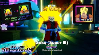 NEW CODE NEW MYTHIC GOKU SSJ3 SUPER III HAS OP EVO STATS amp VEGETO SHOWCASE ANIME ADVENTURES [upl. by Osyth]