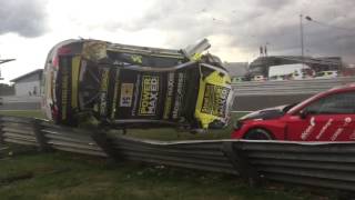 BTCC Start line crash takes out cameraman at Snetterton race circuit 3172016 [upl. by Bloomer309]