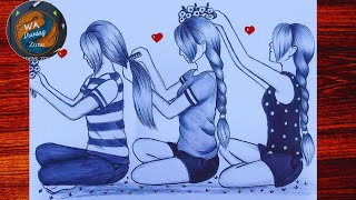 How to draw 3 Girls Best Friends  girl friendship drawing  Friendship drawing WA Drawing Zone [upl. by Rebor]