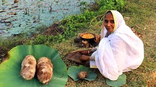 Bangali Unique Pora Kachur Gero diye Kucho Chingri Bata Prepared by Grandmother  Village Food [upl. by Ydnys]