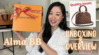 LOUIS VUITTON ALMBA BB DAMIER EBENE UNBOXING 2022  FIRST IMPRESSIONS QUALITY ISSUES amp MOD SHOTS [upl. by Ramu717]