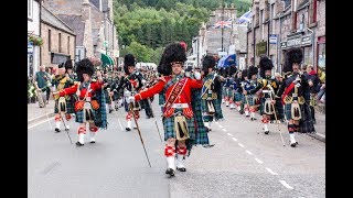 Massed Pipes amp Drums parade through Deeside town to start the Ballater Highland Games 2018 [upl. by Combes]