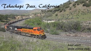 Tehachapi Pass trains in 4K 4222017  BNSF 8375 special military train [upl. by Nadine]