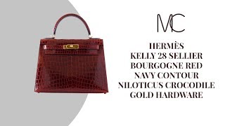 • MIGHTYCHIC • HERMÈS Kelly 28 Sellier Bourgogne Red Navy Contour Crocodile Gold Hardware [upl. by Hawkie]