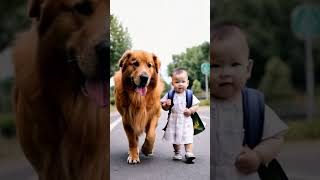 Big yellow dog and human baby carry school bags together to school [upl. by Squire]