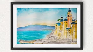 Camogli Beach Italy Landscape Watercolor painting for beginners  How to draw beautiful scenery easy [upl. by Fortin]