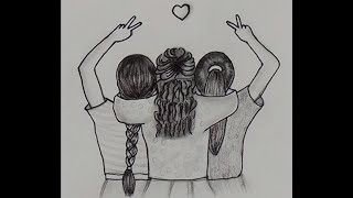 Three Best Friends Drawing  BFF Drawing Easy Step by Step  Friendship Day Drawing  Pencil Drawing [upl. by Aible82]