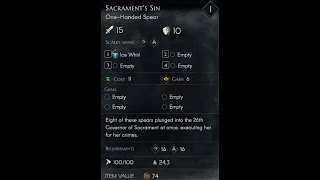No Rest For The Wicked  Sacraments Sin  One Handed Spear  Ice Whirl  Weapon Showcase [upl. by Aihsekat]