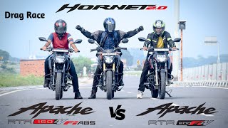 TVS Apache RTR 200 4V Vs Apache 160 4V Vs Honda Hornet 20  Drag Race [upl. by Tteragram]