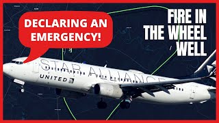 FIRE ONBOARD  United 685 Declares Emergency with Fire in Wheel Well [upl. by Auohc731]