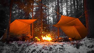 Tarp Camping in the Snow  Double LeanTo Tarp Setup with a Fire in Between  Pulling Sleds to Camp [upl. by Alamat]