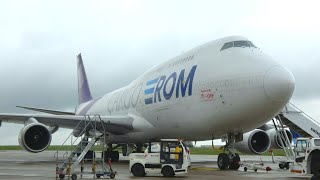 ROM Cargo 747400BCF YRFSA Wet Take off from East Midlands Airport [upl. by Celene3]