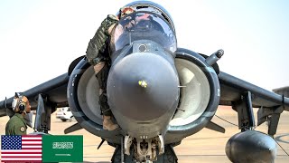 USMC Powerful AV8B Harrier attack aircraft in Saudi Arabia [upl. by Airdnahs26]