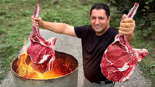 Recipe for Real Tomahawk Steaks on the Fire Making a Homemade Barrel Grill for Outdoor Cooking [upl. by Nazay980]