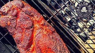 Smoked Thick Cut Pork Steak on the Weber Jumbo Joe  Strawberrys BBQ Rub  Barlow BBQ [upl. by Arateehc]