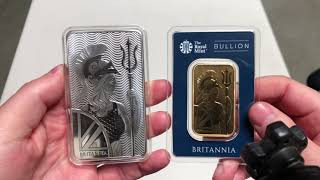 1 oz Gold Britannia Bar vs 10 oz Silver Britannia Bar [upl. by Notsehc]