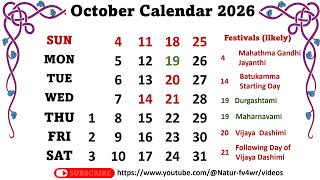 October Calendar 2026 october2026calendar calendaroctober [upl. by Nwatna]